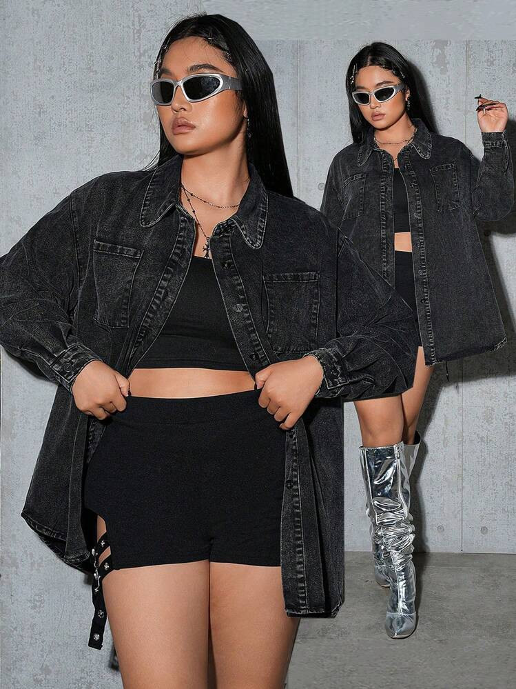 SHEIN ICON Plus Size Denim Top, Casual Street Sexy Long Sleeve Shirt, Black | SHEIN