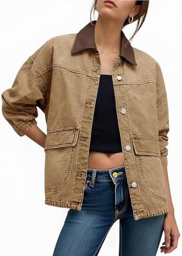 Tankaneo Womens Oversized Denim Jacket Casual Contrast Canvas Collar Button Down Jean Jackets wit... | Amazon (US)