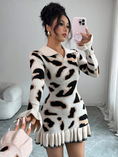 Elenzga Women's Autumn/Winter Fashion Leopard Print Knit Ruffle Hem Bodycon Design Sweater Dress ... | SHEIN