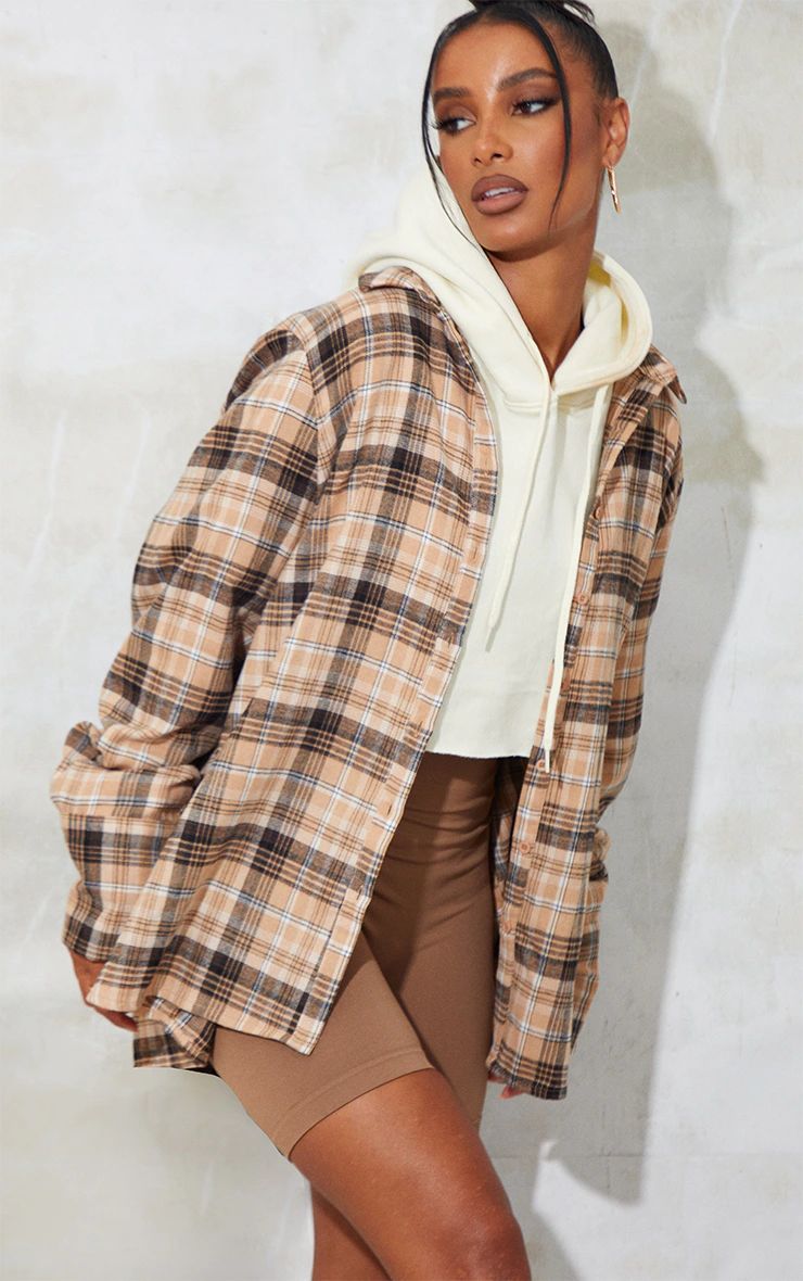 Beige Checked Flannel Oversized Cuff Shirt | PrettyLittleThing US