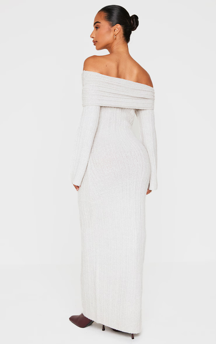 Petite Grey Rib Knitted Off The Shoulder Maxi Dress | PrettyLittleThing US