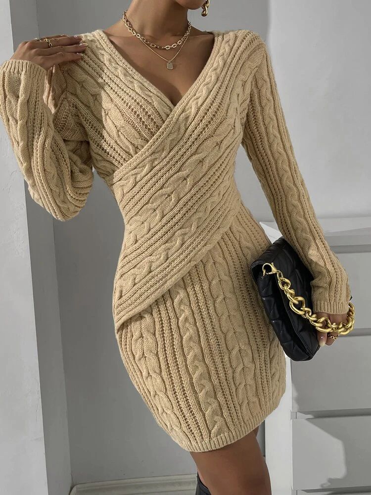 Crossover Cable Knit Sweater Dress | SHEIN