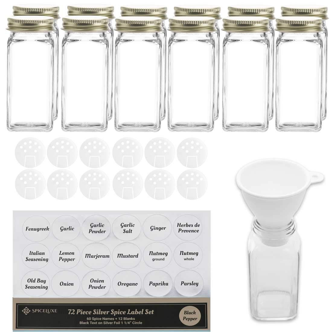 Premium Spice Jar Set -12 Square Glass 4 oz Spice Bottles, 72 Deluxe Labels, 12 Shaker Tops, Gold... | Amazon (US)
