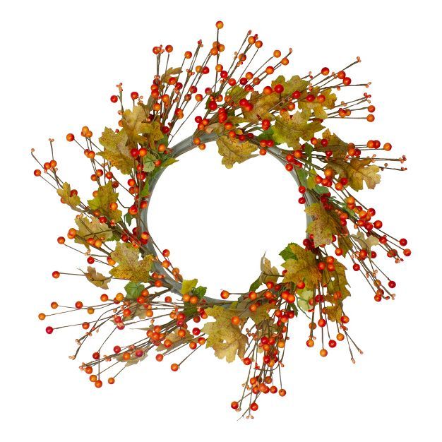 Northlight Orange Berries and Yellow Leaves Fall Harvest Artificial Wreath, 22" | Target
