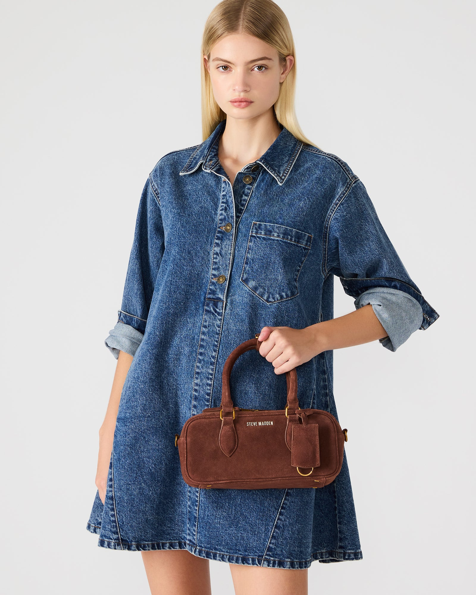 MERIT Bag Chestnut Suede Top-Handle Satchel Crossbody Handbag | Steve Madden (US)