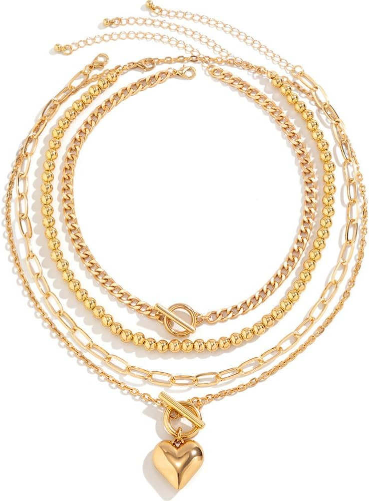 4Pcs Layered Chunky Gold/Silver Heart Necklace Set for Women Girls, Gold Stacked Necklaces Choker... | Amazon (US)