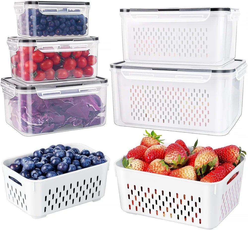 5 PCS Large Fruit Containers for Fridge - Leakproof Food Storage Containers with Removable Coland... | Amazon (US)