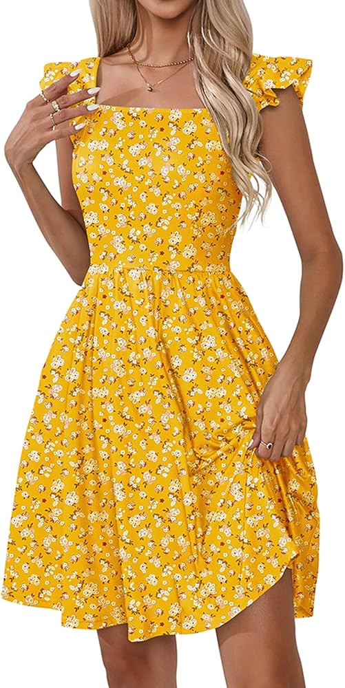 Naggoo Women's Summer Dresses Casual Square Neck Floral Sundress with Pockets A Line Flowy Beach ... | Amazon (US)