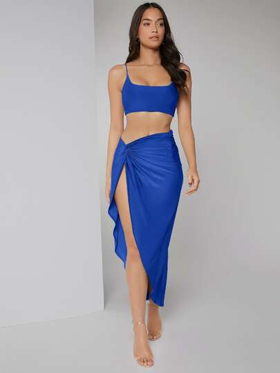 SHEIN BAE Solid Crop Cami Top & Twist Waist Skirt Set | SHEIN