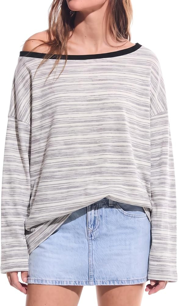 QINSEN Women's Striped Long Sleeve Sweatshirt Top Casual Loose Fit Pullover | Amazon (US)