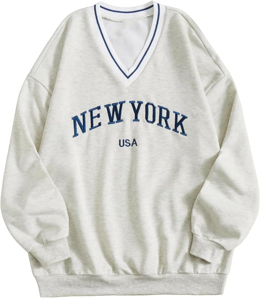 SOLY HUX Women's New York Letter Embroidered Sweatshirt Lightweight V Neck Long Sleeve Casual Pul... | Amazon (US)