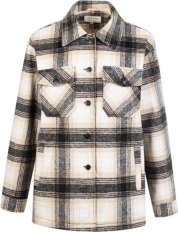 Women's Plaid Long Sleeve Brushed Flannel Shacket Jacket Casual Button Down Oversize Shirt Winter... | Amazon (US)