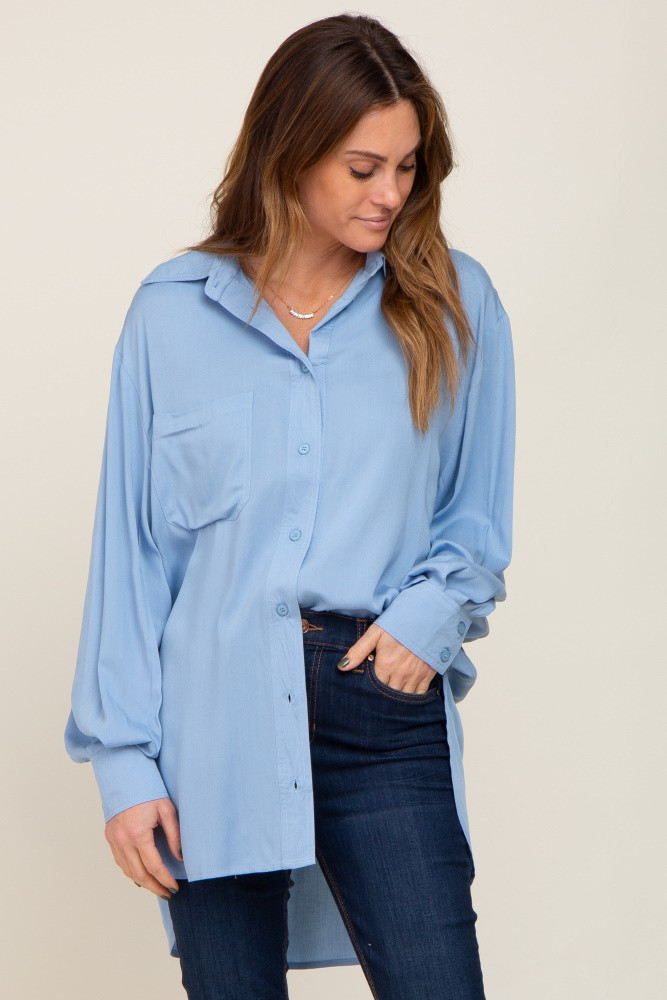 Light Blue Button Down Collared High-Low Hem Blouse | PinkBlush Maternity