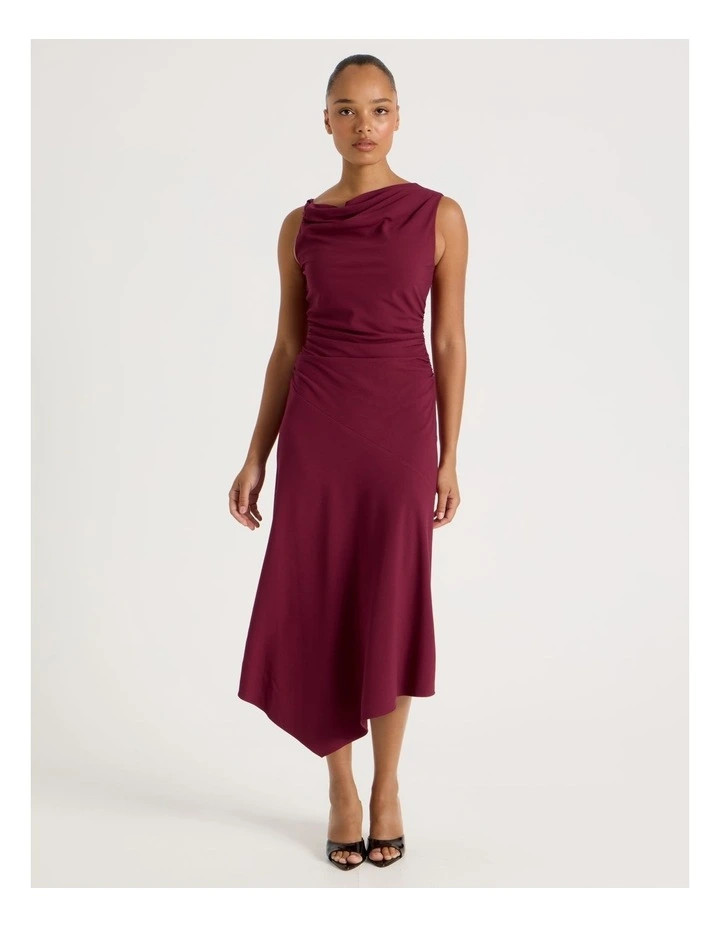 Twist Shoulder Asymmetircal Midi Dress in Rouge | Myer
