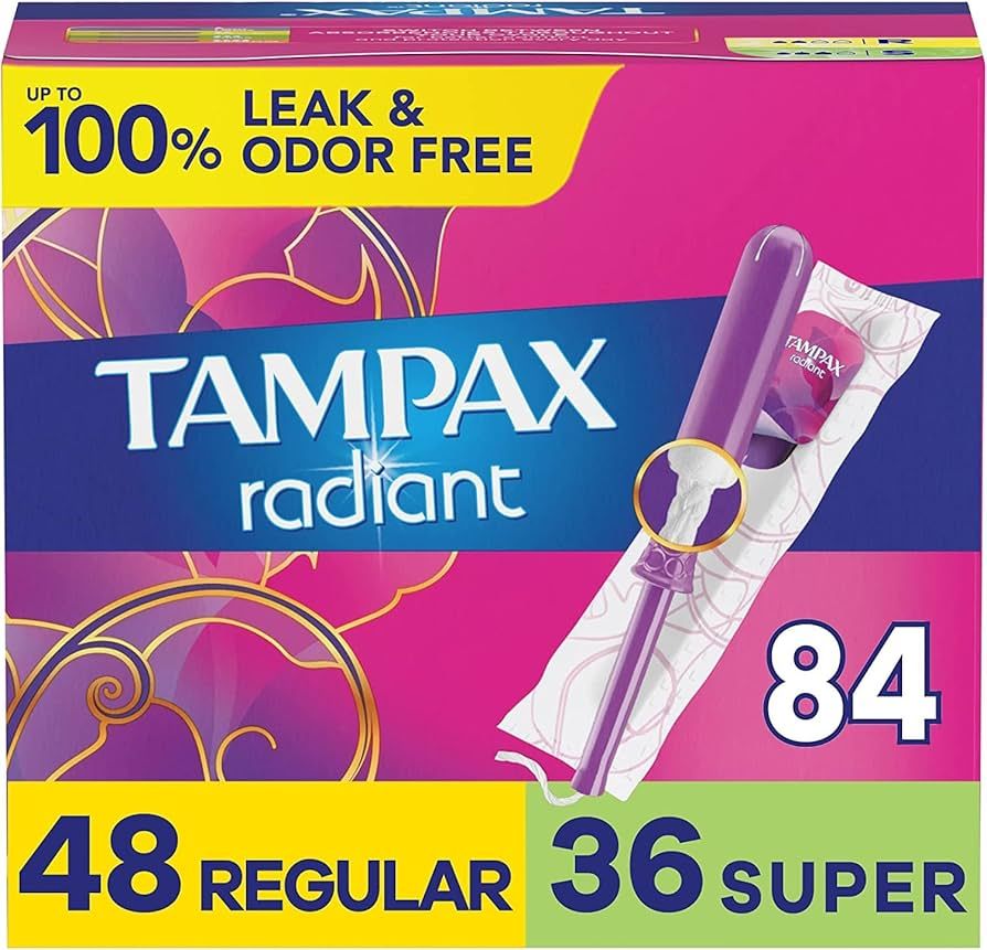 Tampax Radiant Tampons Multipack, Regular/Super Absorbency, with Leakguard Braid, Unscented, 28 C... | Amazon (US)