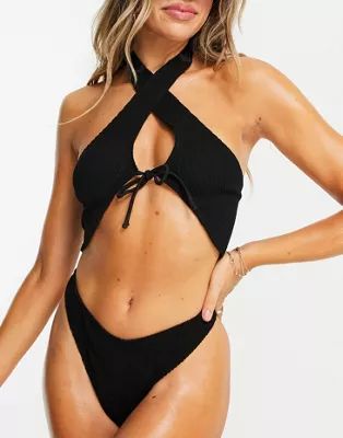 ASOS DESIGN mix & match crinkle cross neck bikini top in black | ASOS (Global)