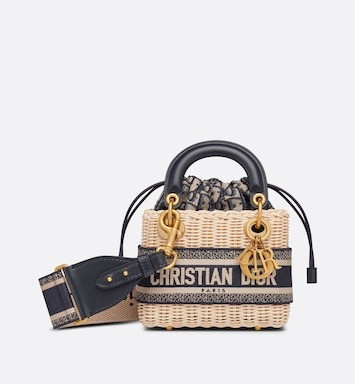 Mini Lady Dior Bag Natural Wicker and Blue Dior Oblique Jacquard | DIOR | Dior Couture
