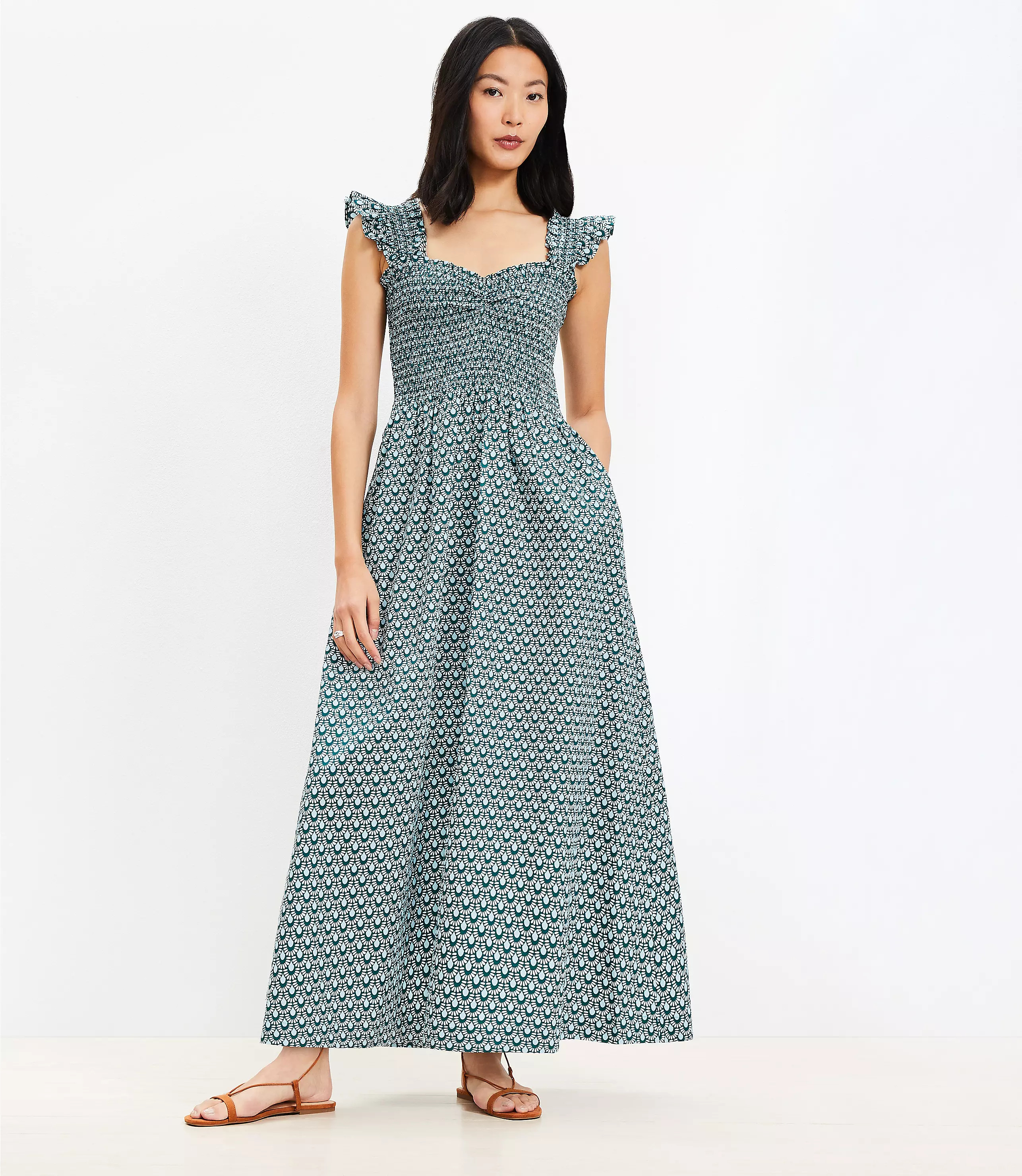 LOFT Beach Mosaic Poplin Ruffle Strap Maxi Pocket Dress | LOFT
