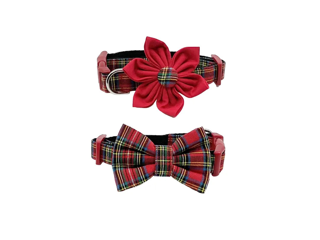 Red Tartan Christmas Dog Collar With Optional Flower or Bow Tie, Pet Collar Adjustable Sizes XXS,... | Etsy (US)