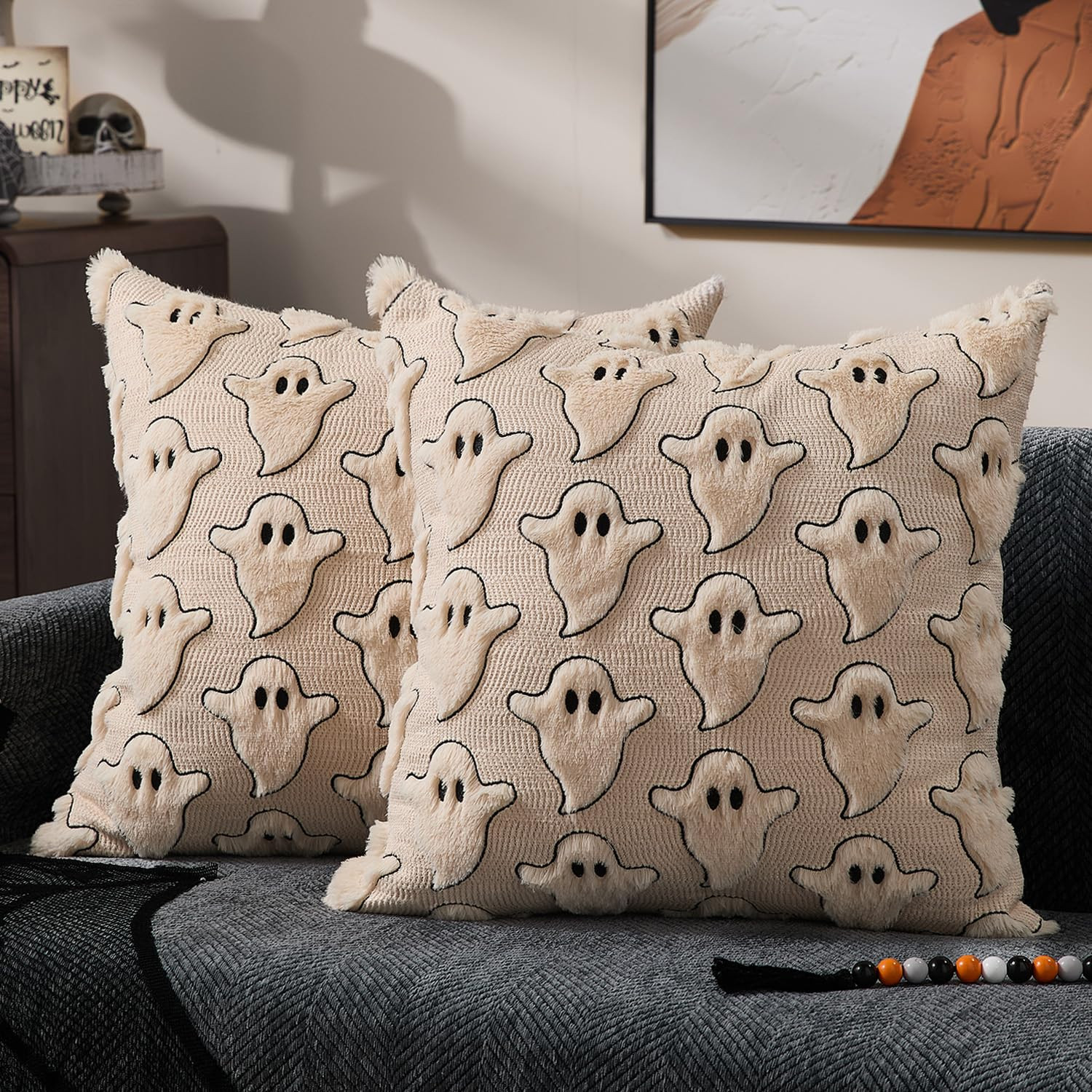 DFXSZ Halloween Pillow Covers 18x18 inch Set of 2 Black Eyes Beige Ghost Throw Pillow Cases Soft ... | Amazon (US)