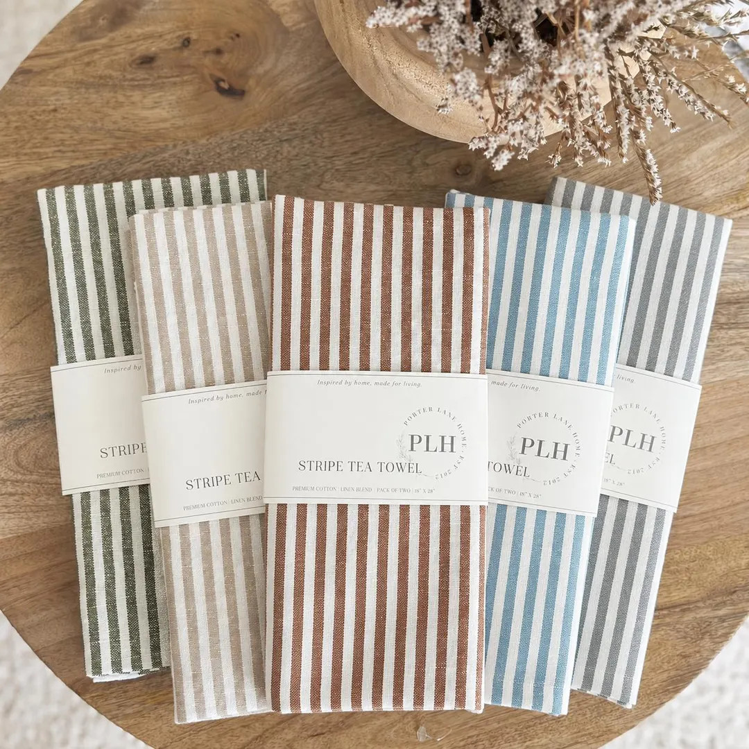 Stripe Tea Towel Set of 2 | Pinstripe and Cabana Pattern | Tan, Green, Rust, Black, Blue, Gray - ... | Etsy (Global)