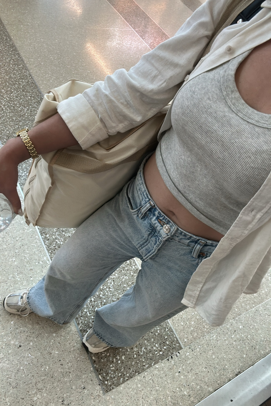 Comfy airport outfit, baggy jeans, comfy tank and linen button up with my new balance 🩶

#LTKFindsUnder50 #LTKPetite #LTKTravel