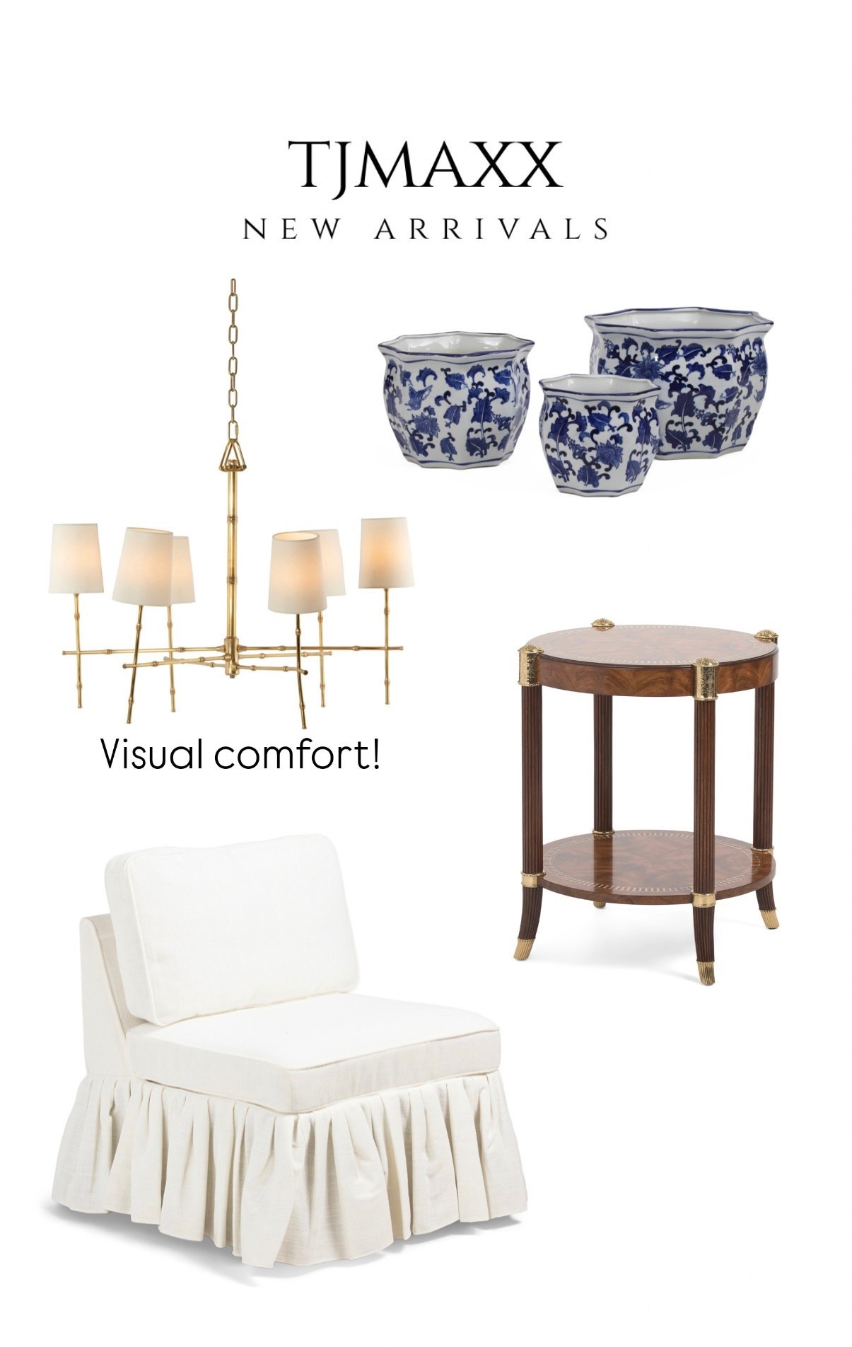 TJMAXX new arrivals including designer finds like this visual comfort chandelier! Lillia August Ruffle slipper chair blue and white planter 