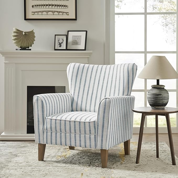 HULALA HOME Farmhouse Wingback Accent Chair, Upholstered Striped Armchair with Solid Wood Legs, T... | Amazon (US)