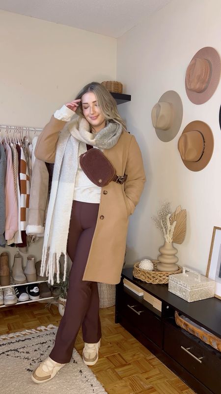 Midsize winter outfit - classic camel coat, basic sweatshirt, Amazon fleece lined leggings, sherpa belt bag, neutral scarf 

Athleisure style, winter fashion trends


#LTKVideo #LTKmidsize #LTKstyletip
