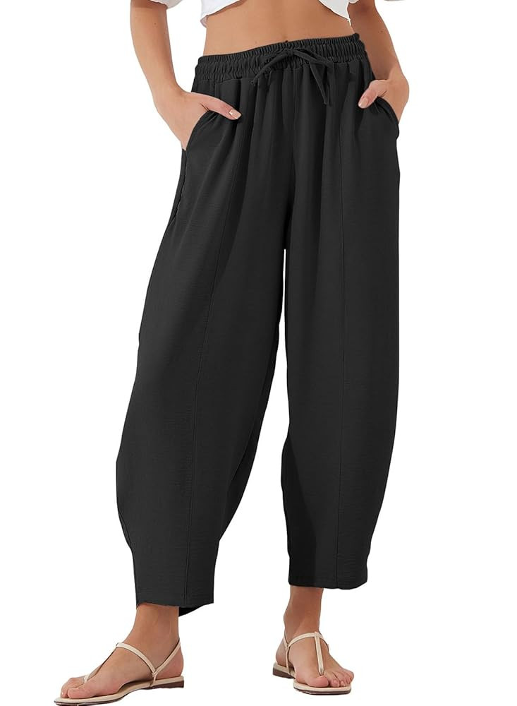 EVALESS Women's Summer High Waisted Baggy Pants Casual Ankle Length Trouser Slacks with Pockets | Amazon (US)