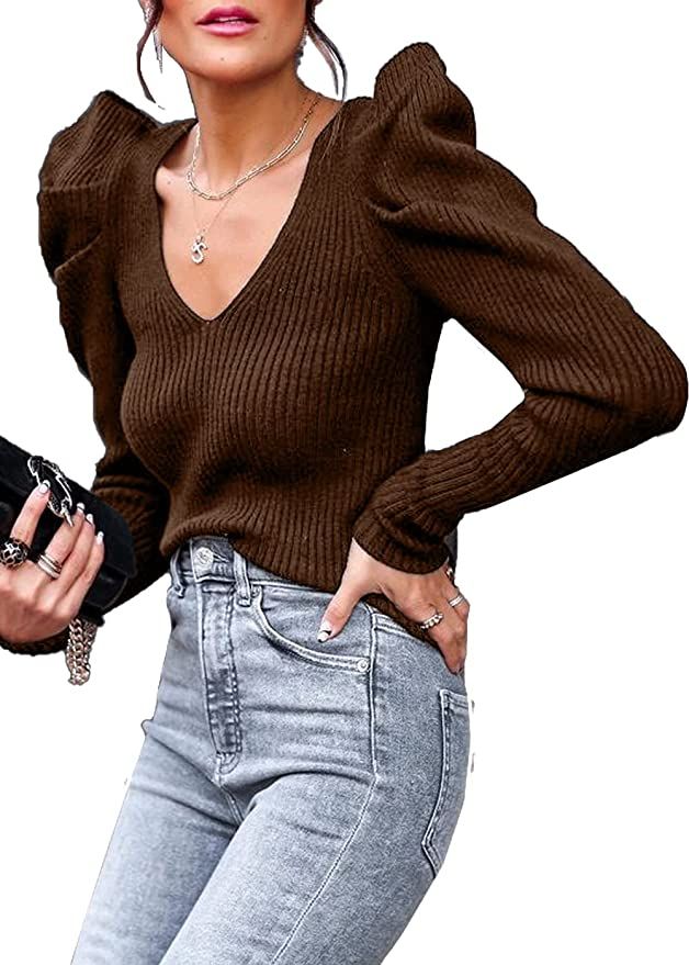 PRETTYGARDEN Women's Rib Knit Pullover Sweater Casual Long Puff Sleeve V Neck Solid Color Jumper ... | Amazon (US)