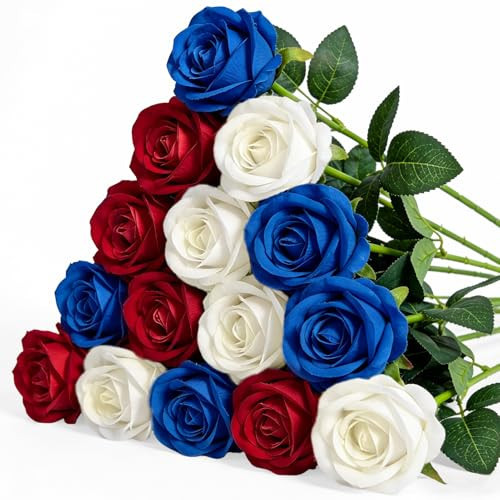 AKTEAM 15PCS Red Blue White Artificial Flowers Fake Roses, Silk Artificial Patriotic Flowers with Stems Realistic Bouquets for 4th of July Decorations Independence Day Home Decor Party Crafts DIY | Amazon (US)