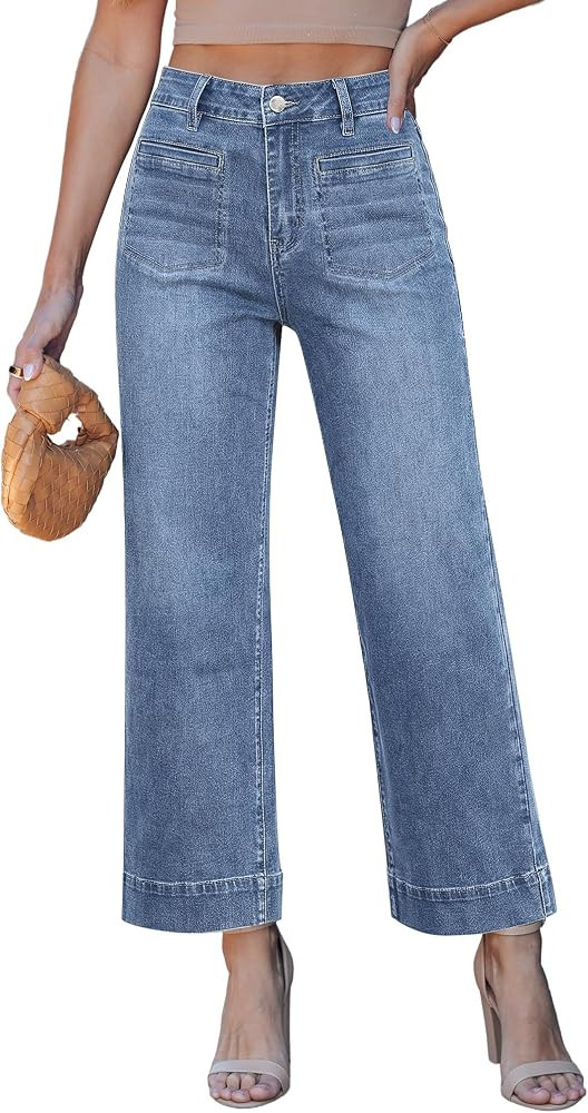 GRAPENT Wide Leg Jeans for Women Cropped High Waisted Trendy Patch Pocket Baggy Loose Straight Le... | Amazon (US)