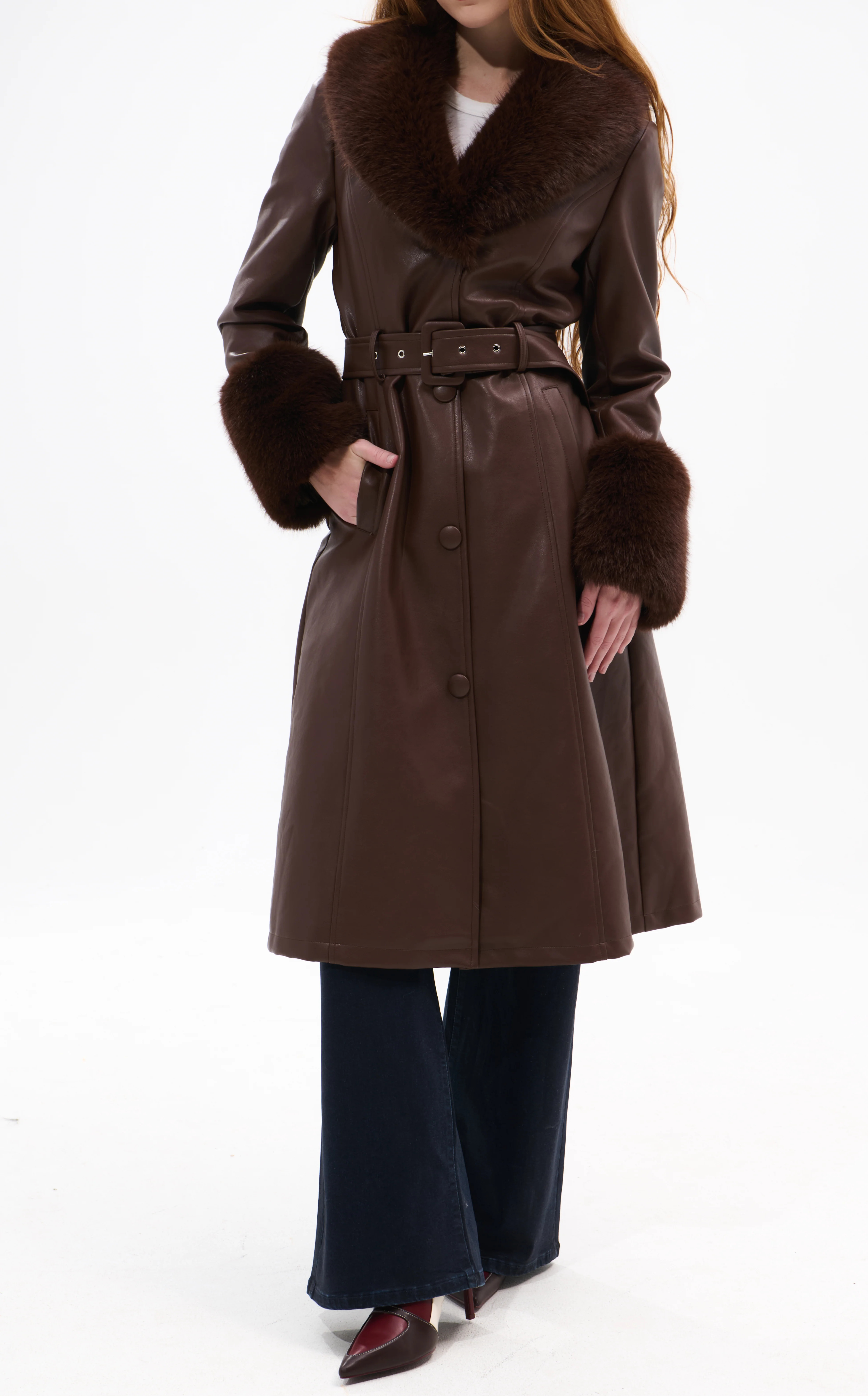KAYA-BROWN FAUX FUR TRENCH JACKET | Azalea Wang