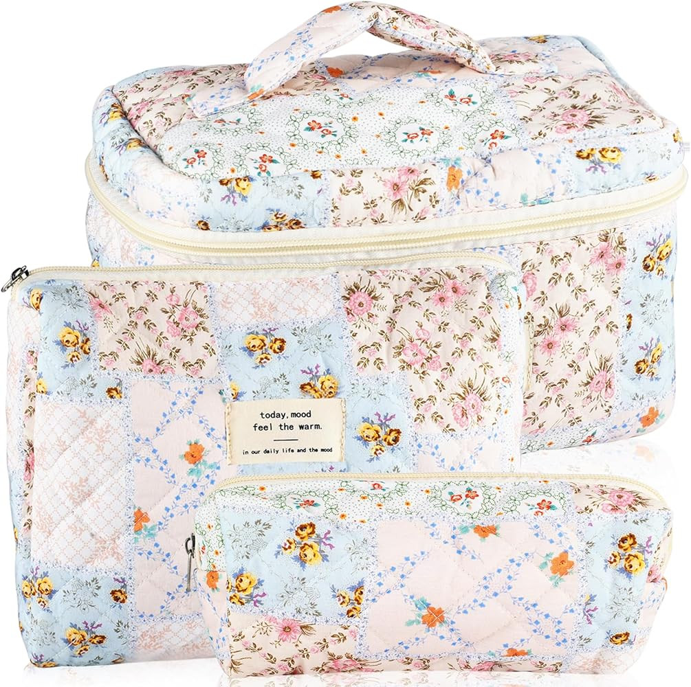 URSKYTOUS 3Pcs Cotton Quilted Makeup Bag for Women Girls Large Small Travel Floral Cosmetic Bags ... | Amazon (US)