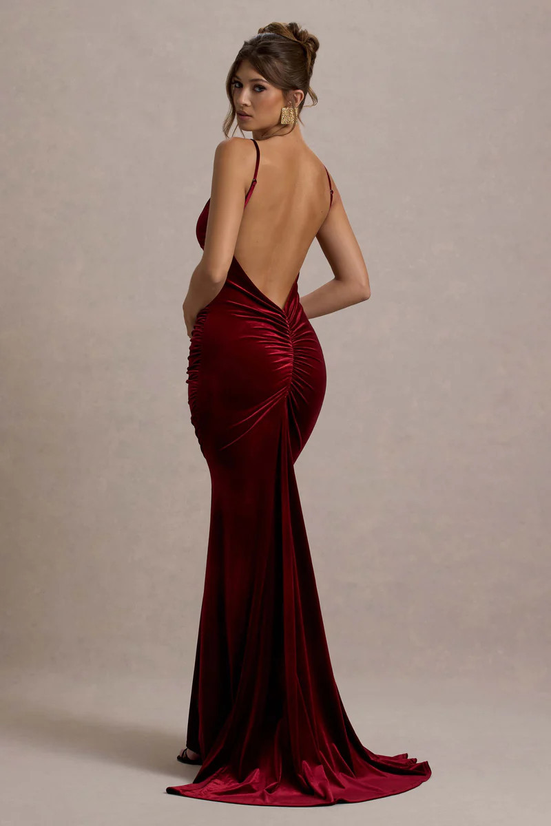 Adele  Berry Velvet Ruched Strappy Fishtail Maxi Dress | Club L London
