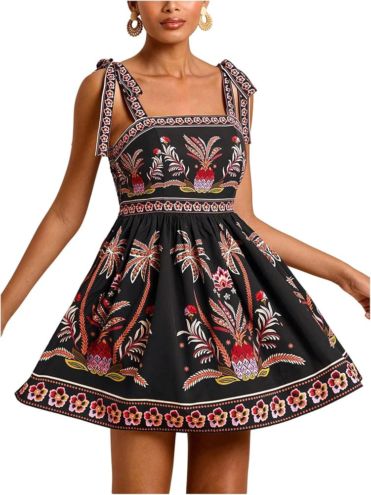 Floerns Women's Floral Tie Shoulder Boho Dress Sleeveless Smocked Ruffle Summer Mini Dresses | Amazon (US)