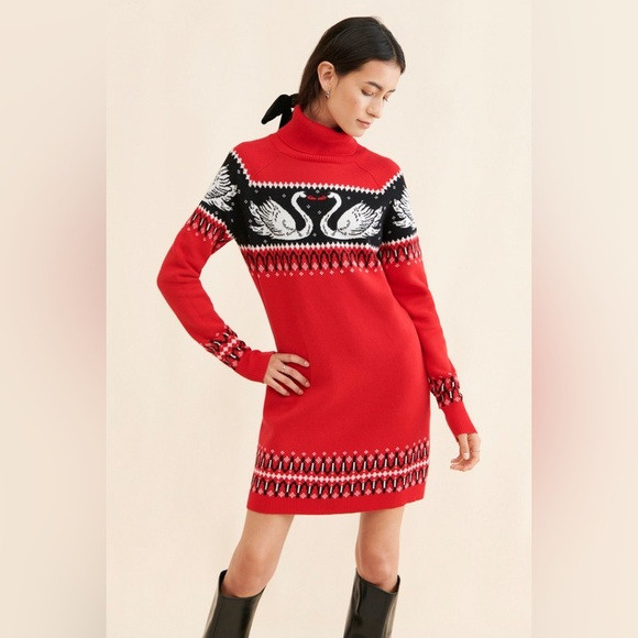 Rachel Antonoff Nina Sweater Dress Swan Red Black Bird Fair Isle Small Mini | Poshmark