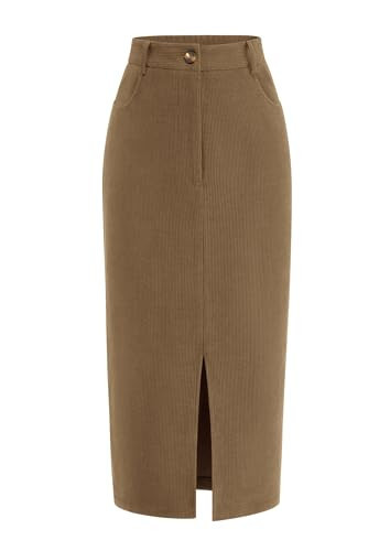 PRETTYGARDEN Corduroy Skirt Women Fall Fashion 2025 High Waisted Pencil Midi Skirts Business Casual Work Office Winter Outfit (Khaki,10) | Amazon (US)
