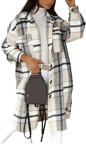 SeekMe Women's Long Plaid Shirt Jacket Shacket Lapel Button Down Woolen Blend Casual Tartan Over ... | Amazon (US)