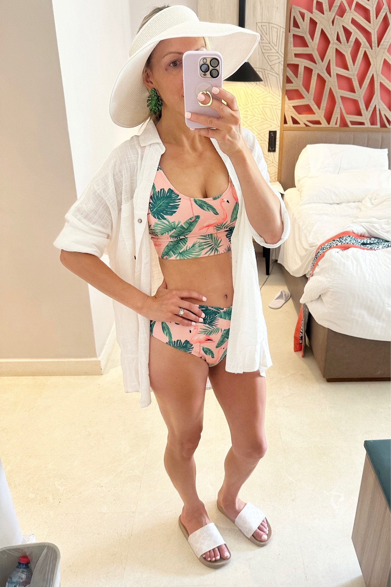 Beach, pool, or boat day outfit. Palm print coverup, Louis GM Neverfull tote, Coach poolside slides, marching flamingo and palm bathing suits from Old Navy. Palm earrings from Amazon white wrap beach hat. Family matching 
White button up dress shirt coverup 
#beachoutfit #pool #summeroutfit #bikini #amazonfashion #oldnavy 

#LTKfamily #LTKstyletip #LTKswim