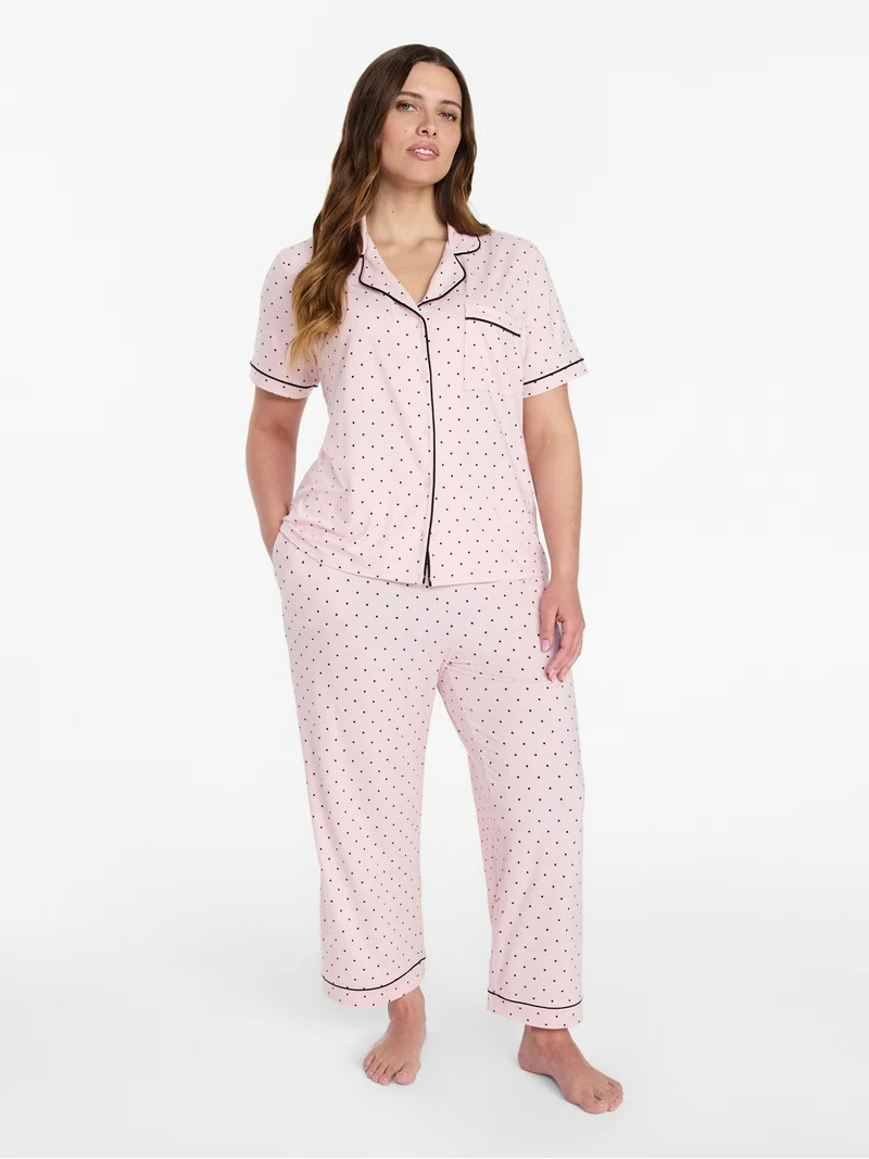 Joyspun Women's Dreamy Soft Collection Notch Knit Top and Capri Pants Pajama Set, 2-Piece, Sizes ... | Walmart (US)