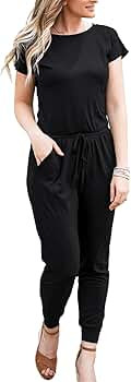 DouBCQ Womens Casual Short Sleeve Jumpsuits Elastic Waist Jumpsuit with Pockets | Amazon (US)