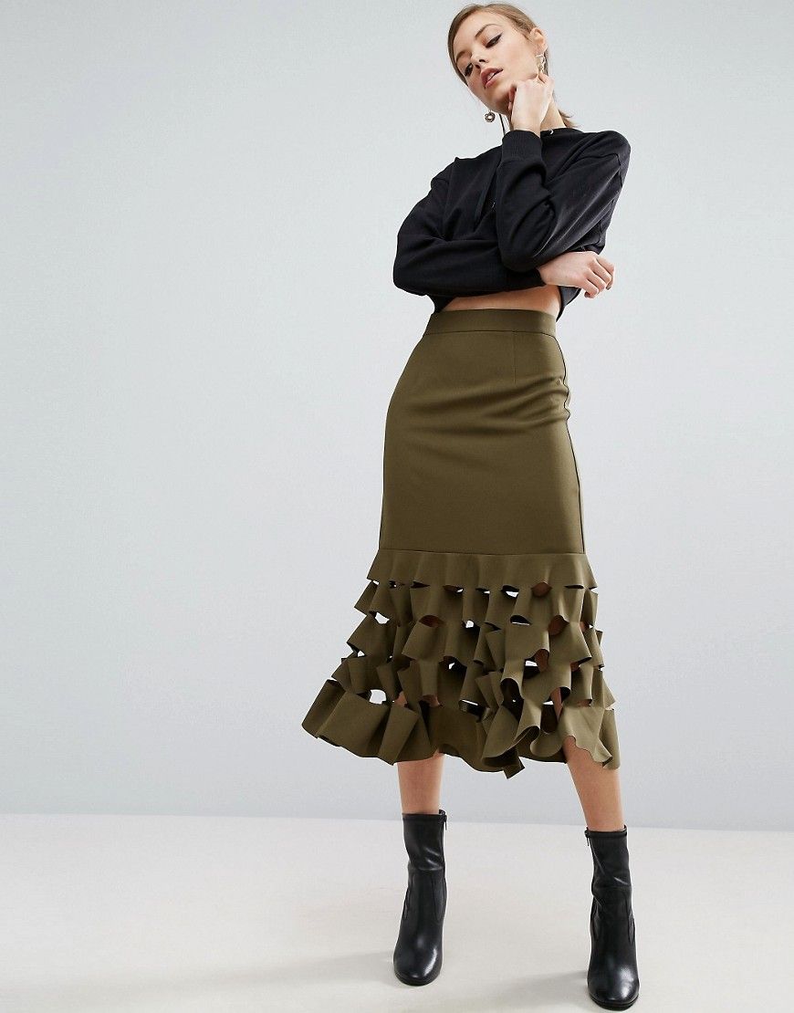 ASOS Midi Skirt with Cut Hem Detail - Green | ASOS US