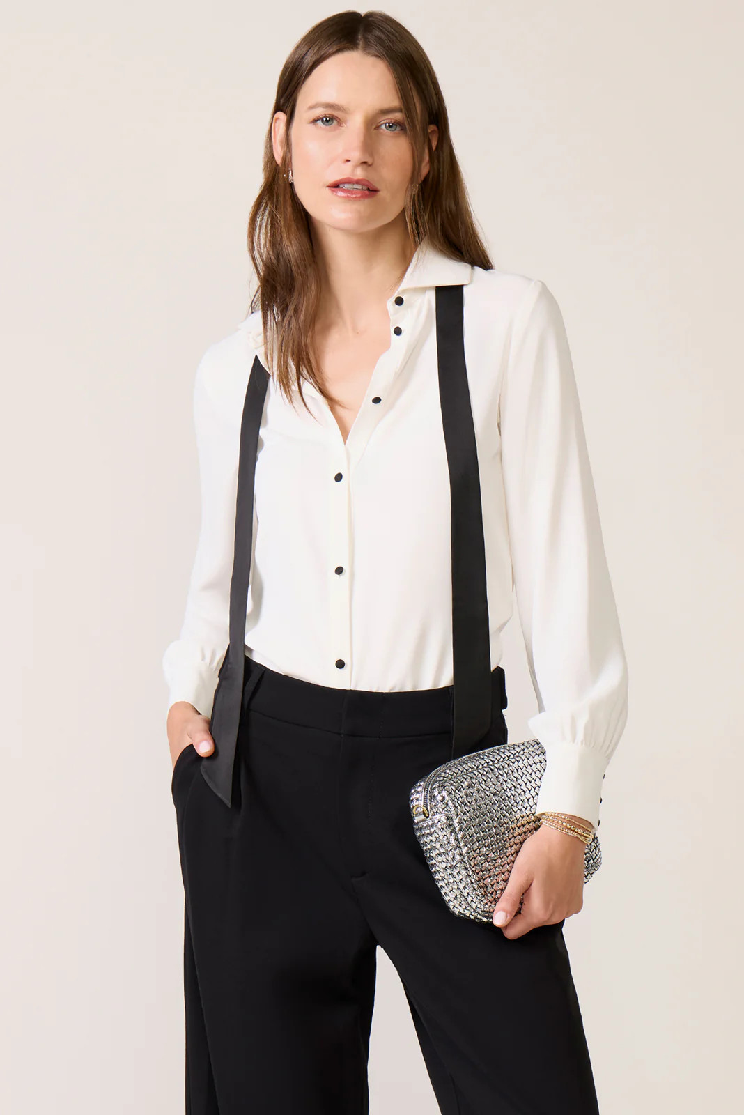 Quinn Crepe Satin Bow Shirt | Evereve