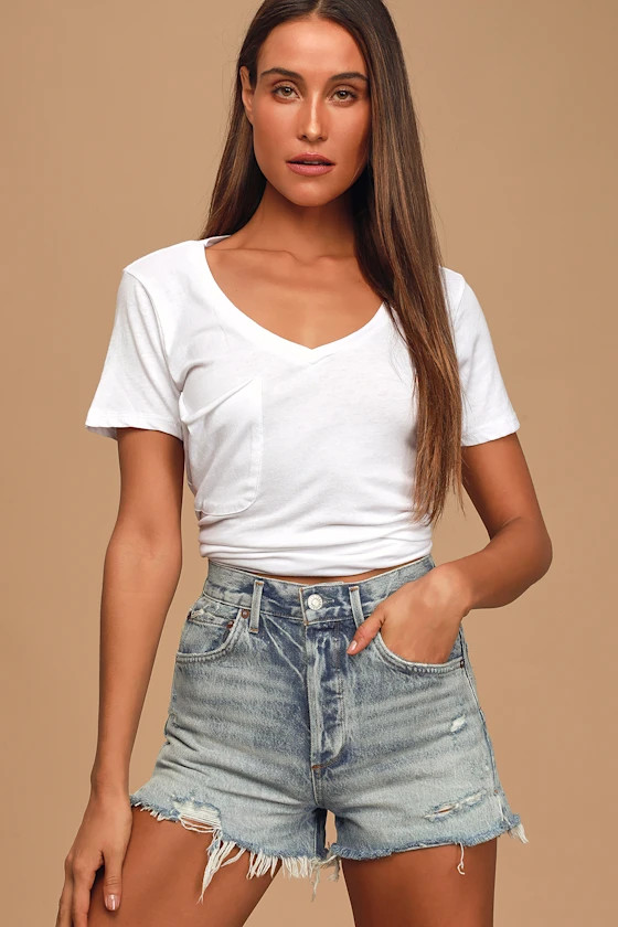 Jaden Medium Wash High Rise Distressed Cutoff Denim Shorts | Lulus (US)