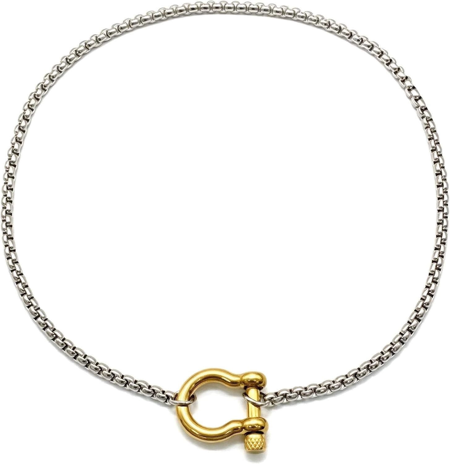 18K Gold Plated Buckle Necklace with Heavy Screw Anchor Shackle Wheat Chain Two Tone Carabiner 17.7 Inch Stainless Steel Foxtail Chain | Amazon (US)