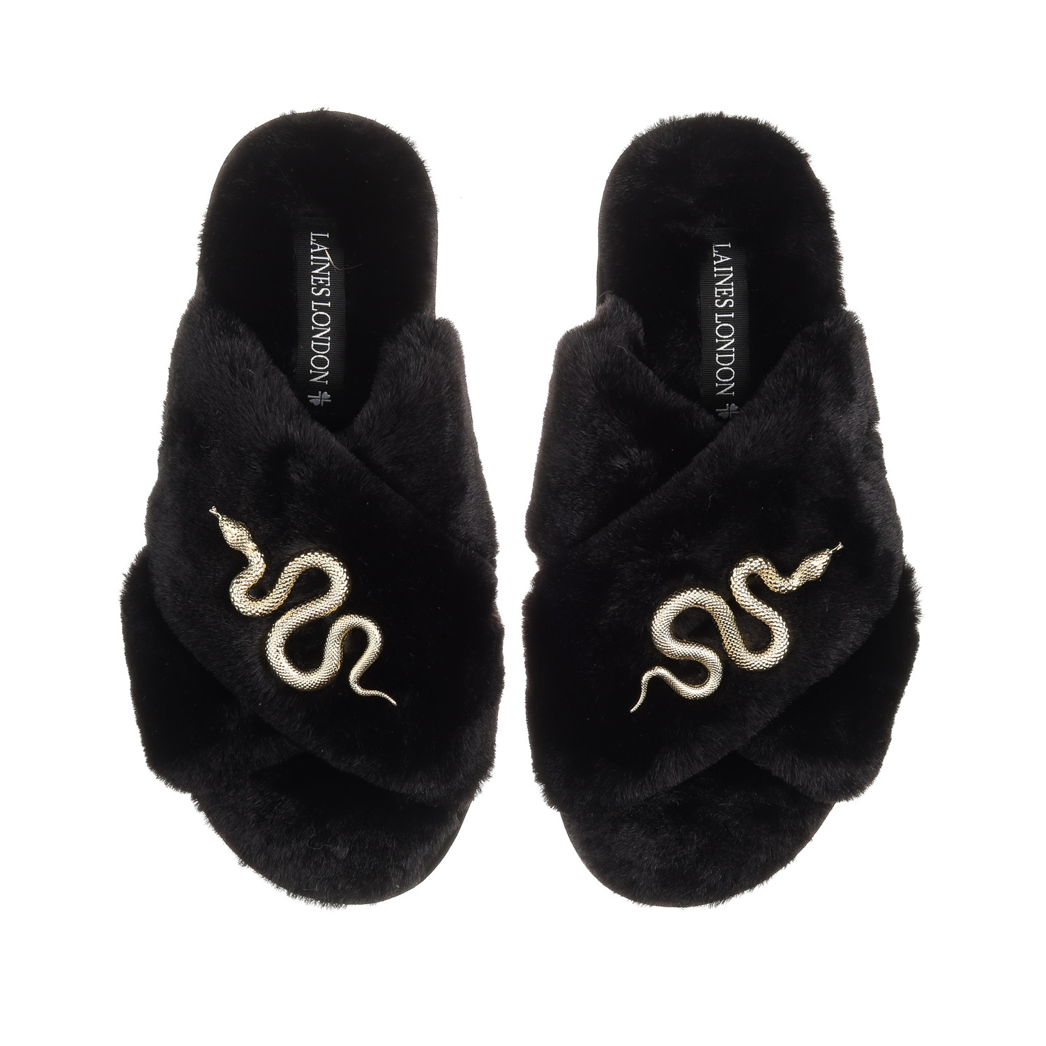Classic Laines Slippers With Gold Metal Snake Brooches - Black | Wolf & Badger (US)