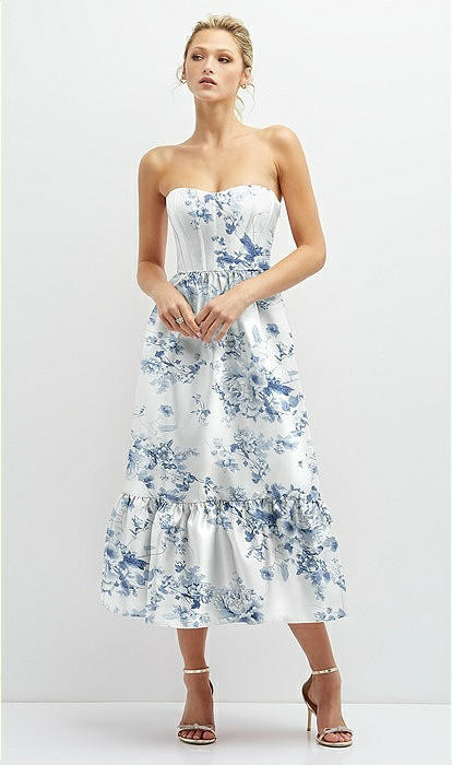 Floral Satin Strapless Midi Corset Dress with Lace-Up Back & Ruffle Hem in Cottage Rose Larkspur | The Dessy Group