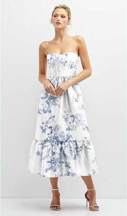 Floral Satin Strapless Midi Corset Dress with Lace-Up Back & Ruffle Hem in Cottage Rose Larkspur | The Dessy Group